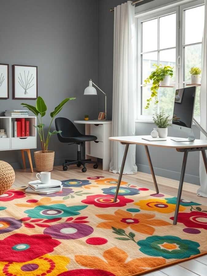 19 Stunning Home Office Ideas to Make a Bold Statement 15 A colorful floral rug in a modern home office setting with a desk, chair, and plants.