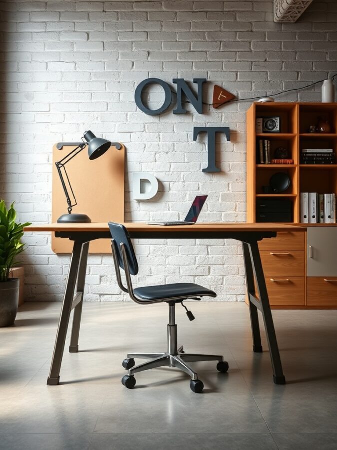 19 Inspiring Home Office Ideas with Industrial Flair 6 A modern home office featuring a steel frame desk and chair, with a plant and decorative wall elements.