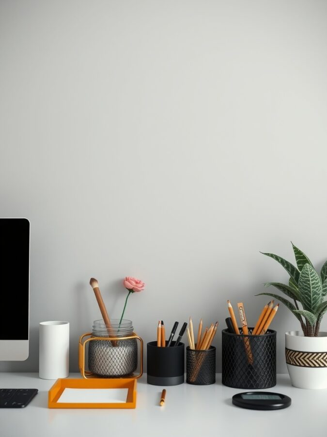 26 Cozy Home Office Ideas for Ultimate Comfort 29 A stylish home office desk with a computer, pen holders, a flower, and a plant.