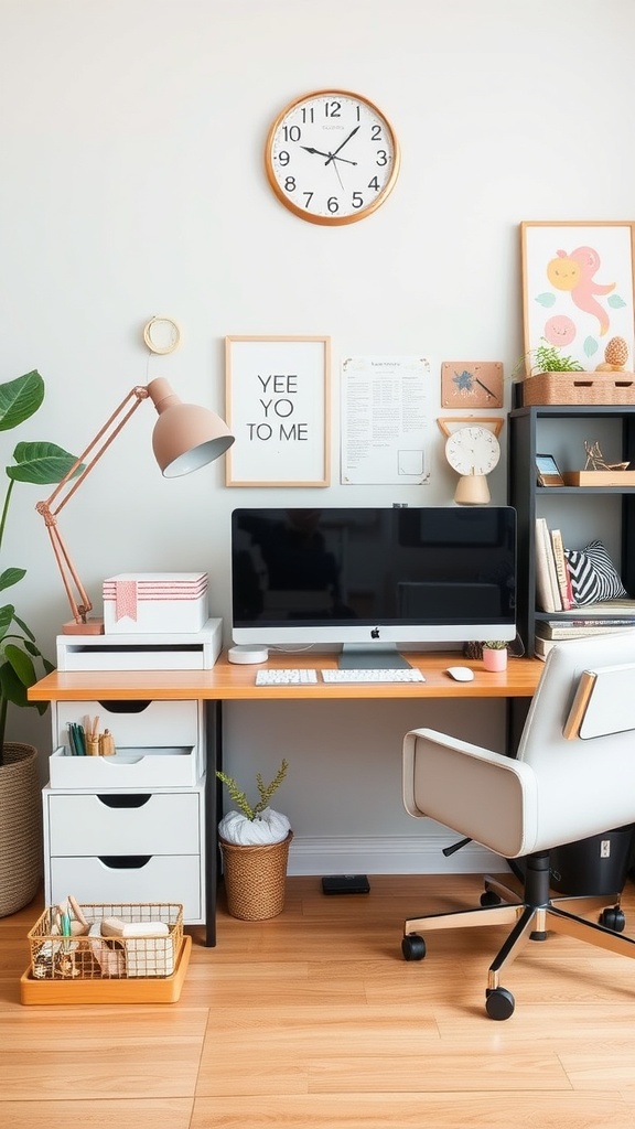19 Inspiring Home Office Ideas You Need to Try 15 A stylish home office setup featuring a desk, computer, lamp, and decorative accessories.