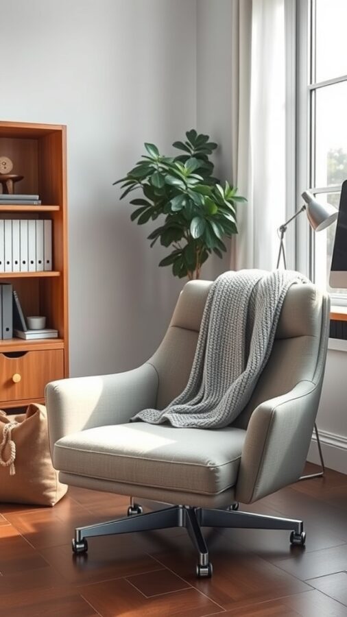 21 Smart Home Office Ideas That Also Make Cozy Guest Rooms 10 A stylish sleeper chair in a modern home office setting, featuring a cozy throw and a plant in the background.