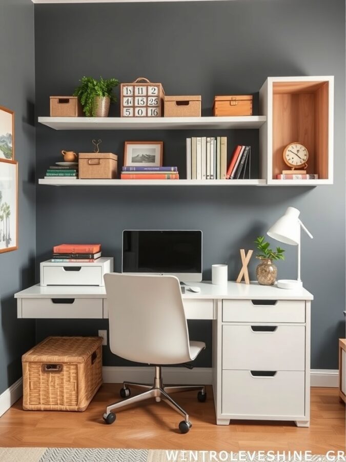 19 Stunning Home Office Ideas to Make a Bold Statement 13 A stylish home office setup with a dark wall, white desk, and organized storage solutions.