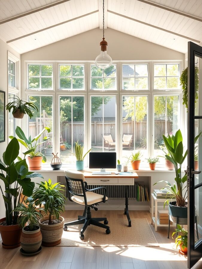 13 Inspiring Home Office Ideas with Stunning Views 9 A bright sunroom office with large windows, plants, and a desk facing the garden.
