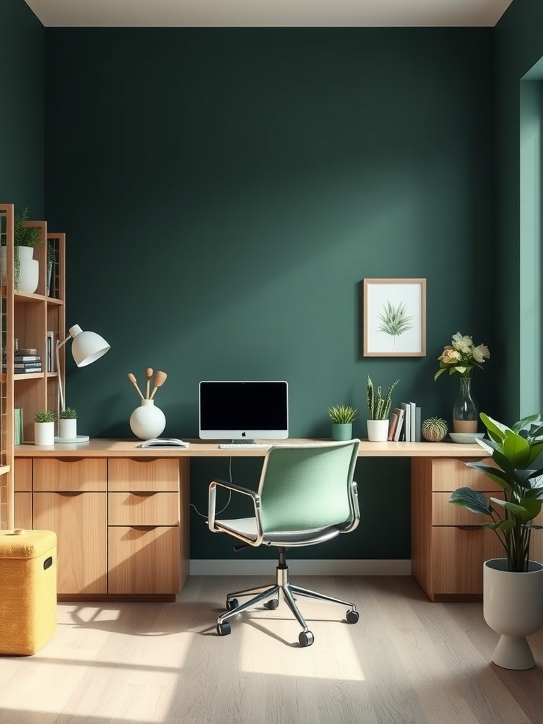 30 Inspiring Home Office Ideas for Remote Work Success 32 A stylish home office featuring green walls, wooden furniture, and plants.