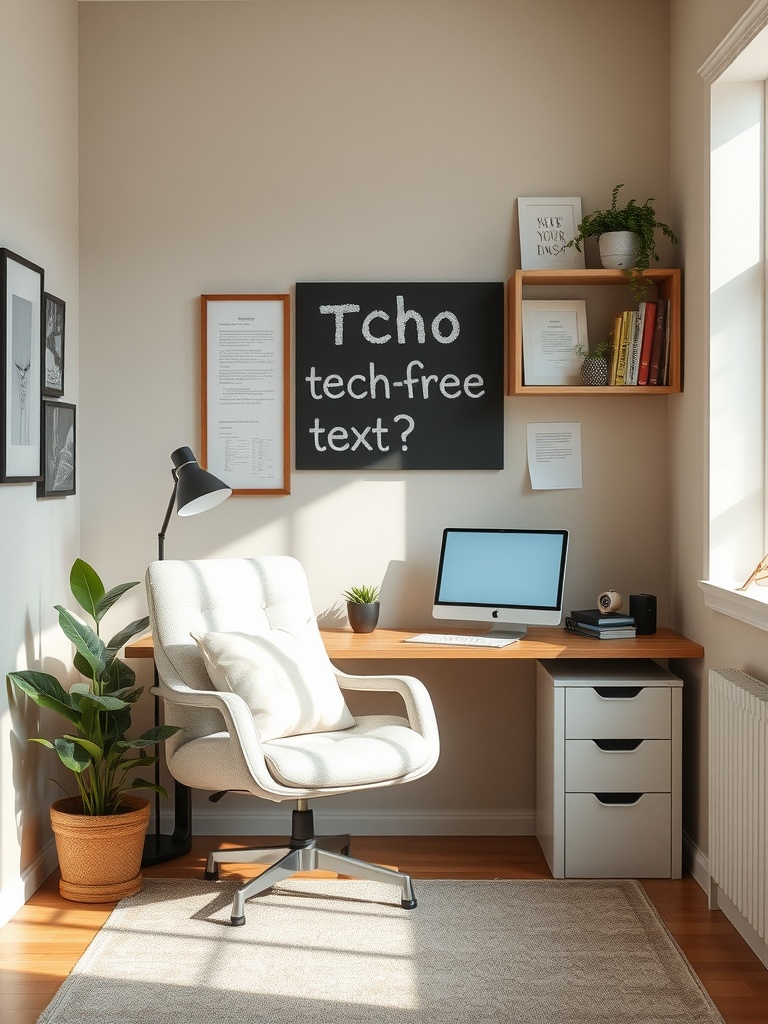 30 Inspiring Home Office Ideas for Remote Work Success 35 A cozy home office corner with a comfortable chair, desk, and a chalkboard asking 'Tech-free text?'