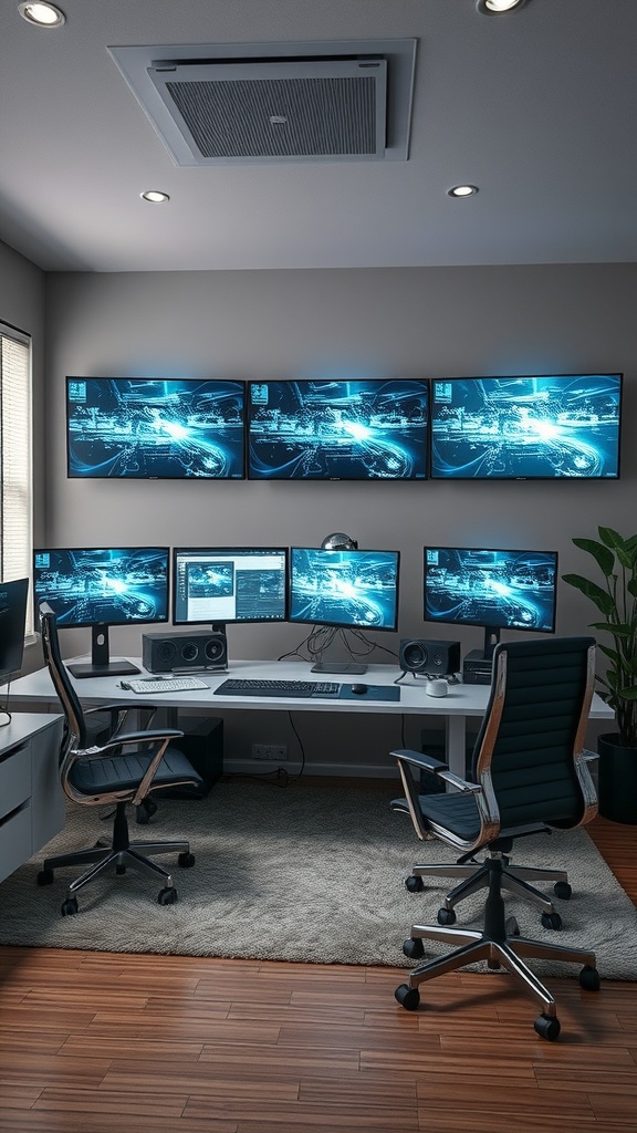 15 Inspiring Home Office Ideas to Match Every Personality 3 A modern home office with multiple monitors displaying futuristic graphics, sleek furniture, and a touch of greenery.