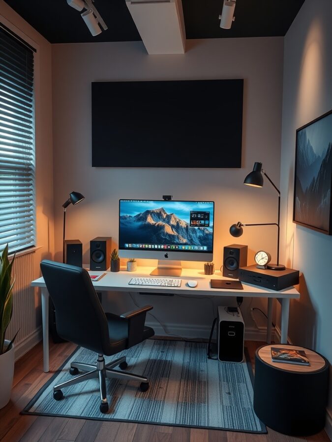 15 Inspiring Home Office Ideas for a Productive Workspace 10 A modern home office setup featuring a large monitor, desk lamp, and stylish chair.