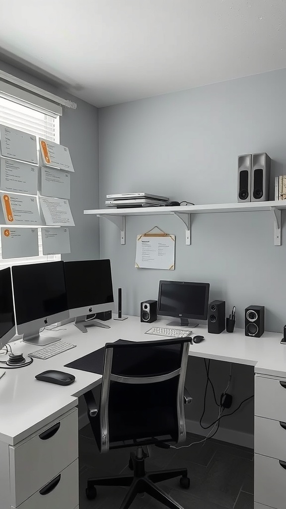 20 Minimalist Home Office Ideas for a Clutter-Free Workspace 17 A minimalist home office with dual monitors, a clean desk, and organized documents.