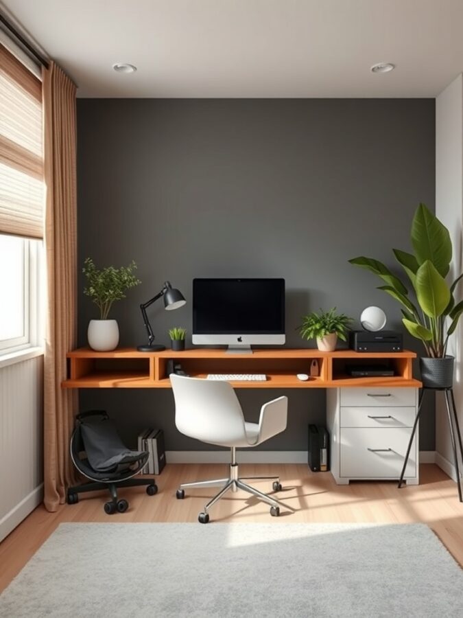 26 Cozy Home Office Ideas for Ultimate Comfort 19 A modern home office setup featuring a sleek desk, computer, and plants, designed for comfort and productivity.