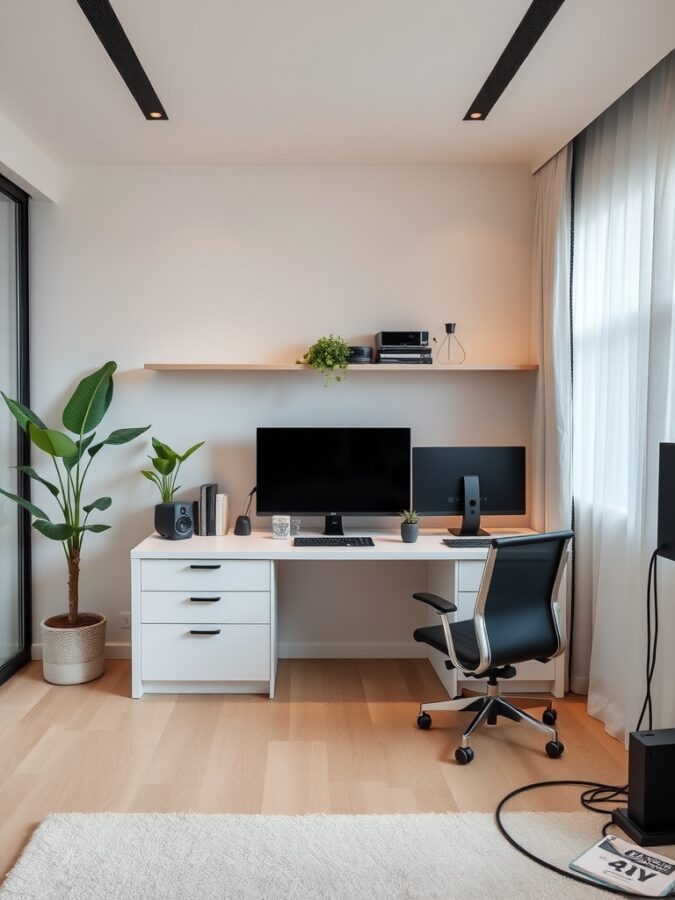 19 Stunning Home Office Ideas to Make a Bold Statement 16 A modern home office setup featuring dual monitors, a sleek desk, a comfortable chair, and plants for a touch of nature.