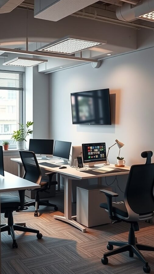 23 Creative Home Office Ideas for Shared Workspaces 17 Modern shared office workspace with multiple computer stations and a large wall-mounted screen.
