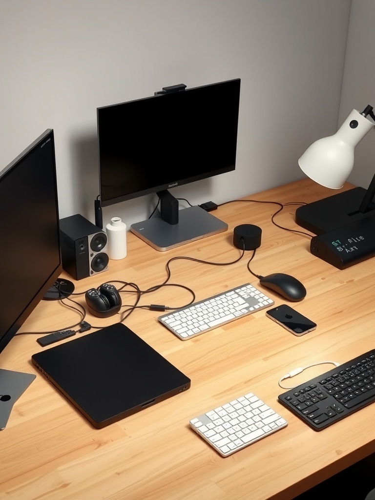 30 Inspiring Home Office Ideas for Remote Work Success 11 A modern home office setup featuring two monitors, a keyboard, a mouse, and a lamp on a wooden desk.