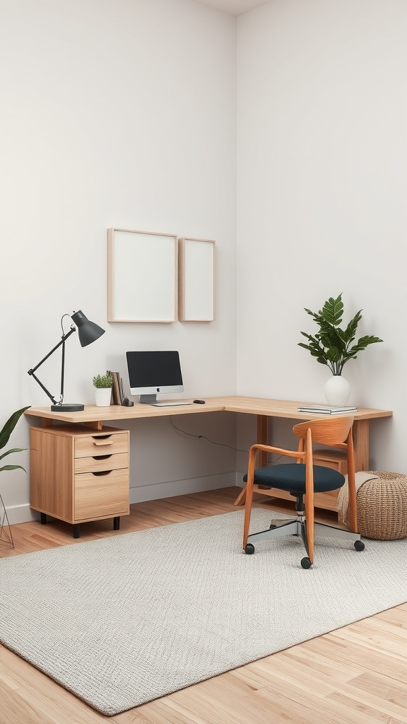 20 Minimalist Home Office Ideas for a Clutter-Free Workspace 20 A minimalist home office featuring a wooden desk, chair, plant, and textured rug.