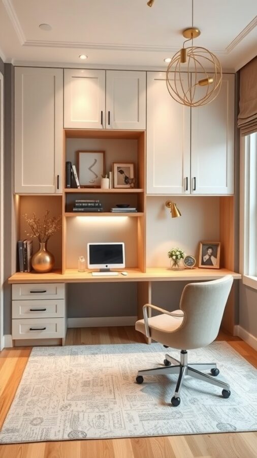 21 Smart Home Office Ideas That Also Make Cozy Guest Rooms 23 A modern home office with a desk, chair, and stylish decor, ideal for incorporating a Murphy bed.