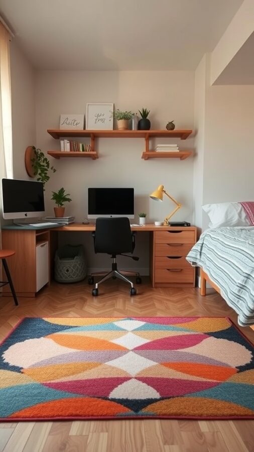 21 Smart Home Office Ideas That Also Make Cozy Guest Rooms 12 A home office with a colorful rug, desk, and bed, showcasing a cozy workspace and guest area.