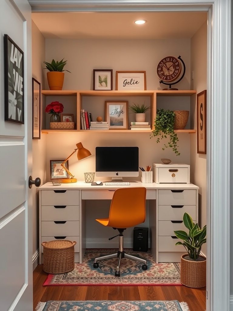 21 Creative DIY Ideas to Transform Your Home Office 8 A transformed closet workspace featuring a desk, orange chair, shelves with plants and artwork, and organized storage.