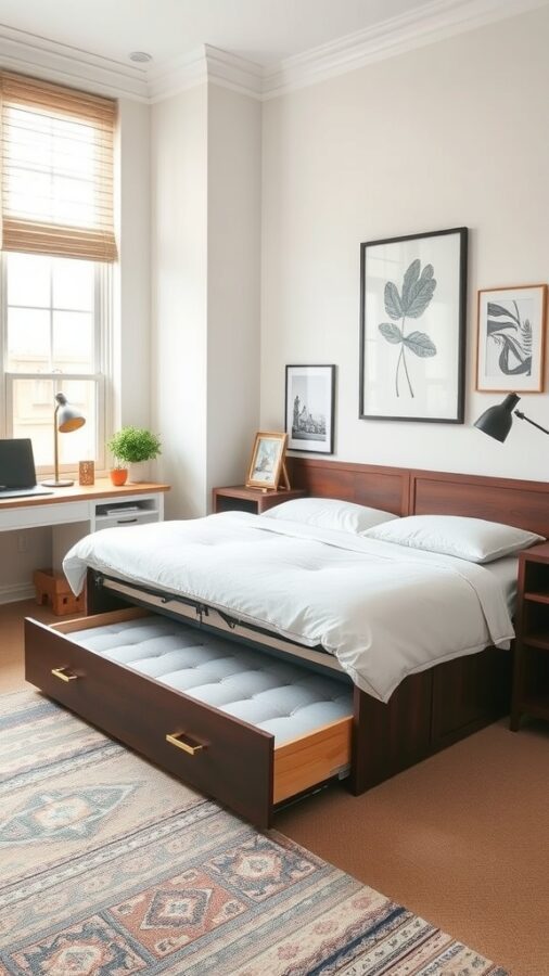 21 Smart Home Office Ideas That Also Make Cozy Guest Rooms 8 A stylish home office featuring a trundle bed with a main bed above, showcasing a cozy and organized space.