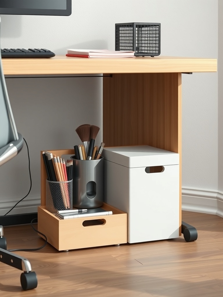 25 Smart Storage Solutions for a Stylish Home Office 3 A tidy under-desk storage setup featuring wooden drawers and a white box for organization.