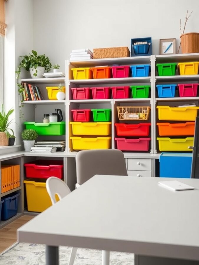 16 Vibrant Home Office Ideas to Brighten Your Workspace 12 Colorful storage bins in a home office setting