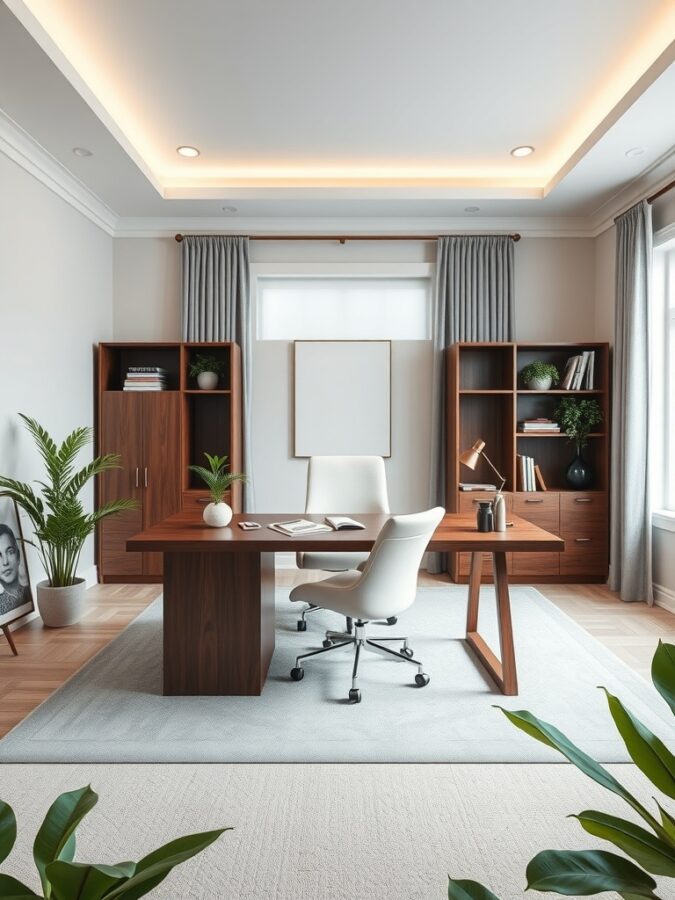19 Stunning Home Office Ideas to Make a Bold Statement 21 A modern home office featuring a unique wooden desk, white chair, and plants, creating a stylish and inviting workspace.