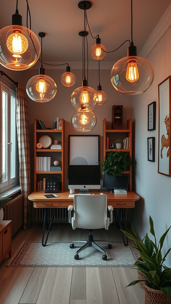 21 Creative Home Office Ideas to Boost Your Productivity 12 A modern home office featuring unique hanging light fixtures with warm bulbs, a wooden desk, and a comfortable chair.