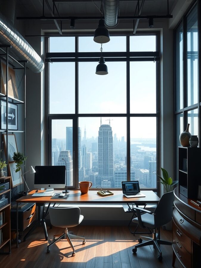 13 Inspiring Home Office Ideas with Stunning Views 3 A modern urban loft office with large windows showcasing a city view, featuring stylish desks and industrial design elements.