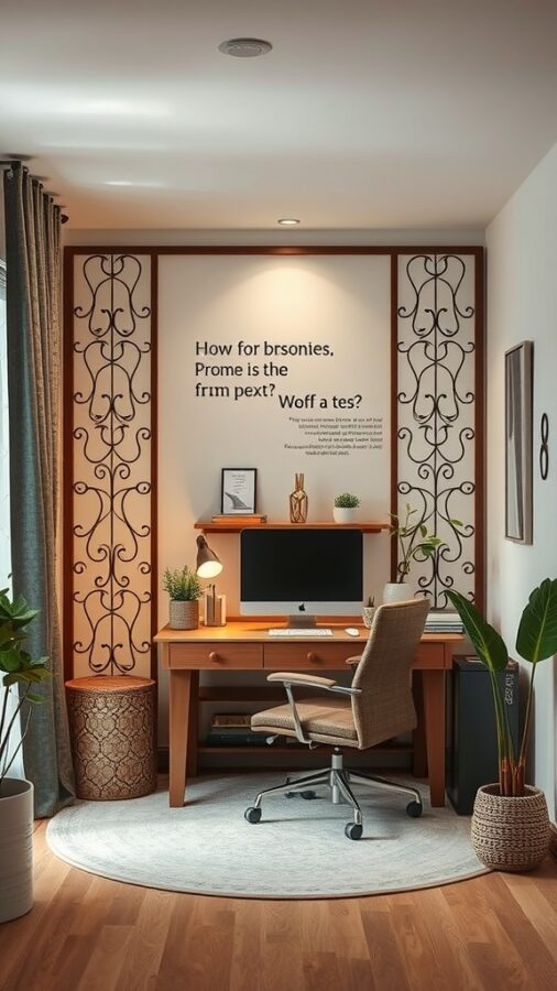 21 Smart Home Office Ideas That Also Make Cozy Guest Rooms 3 A stylish home office setup with a room divider, desk, and decorative plants.