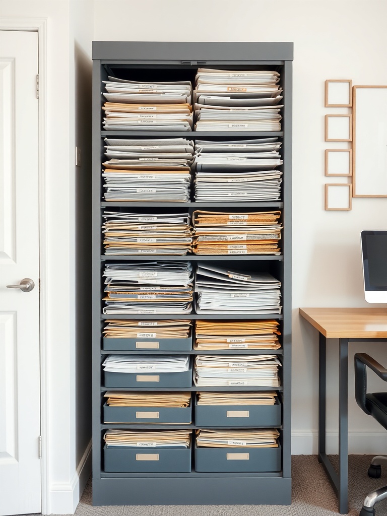 25 Smart Storage Solutions for a Stylish Home Office 17 A tall vertical file cabinet filled with neatly organized and labeled folders, next to a desk in a home office.