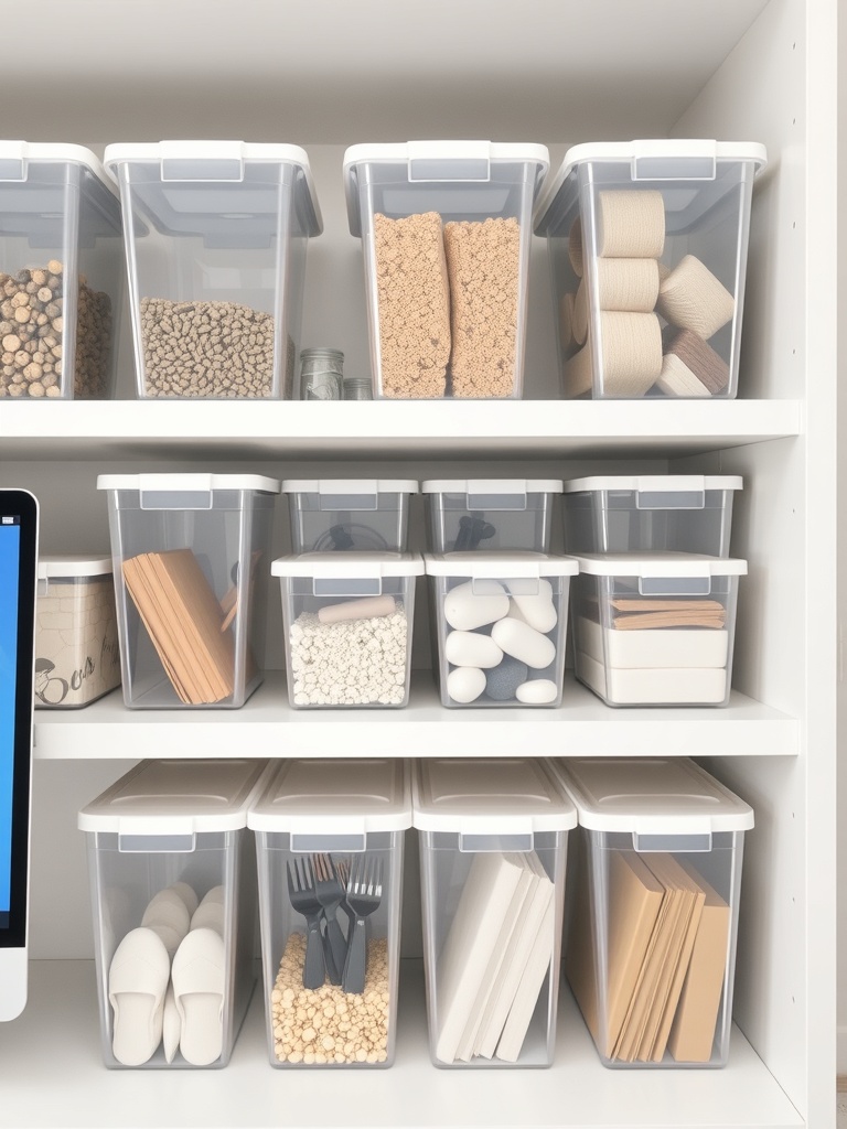 25 Smart Storage Solutions for a Stylish Home Office 24 A shelf with clear storage containers filled with various office supplies and materials.