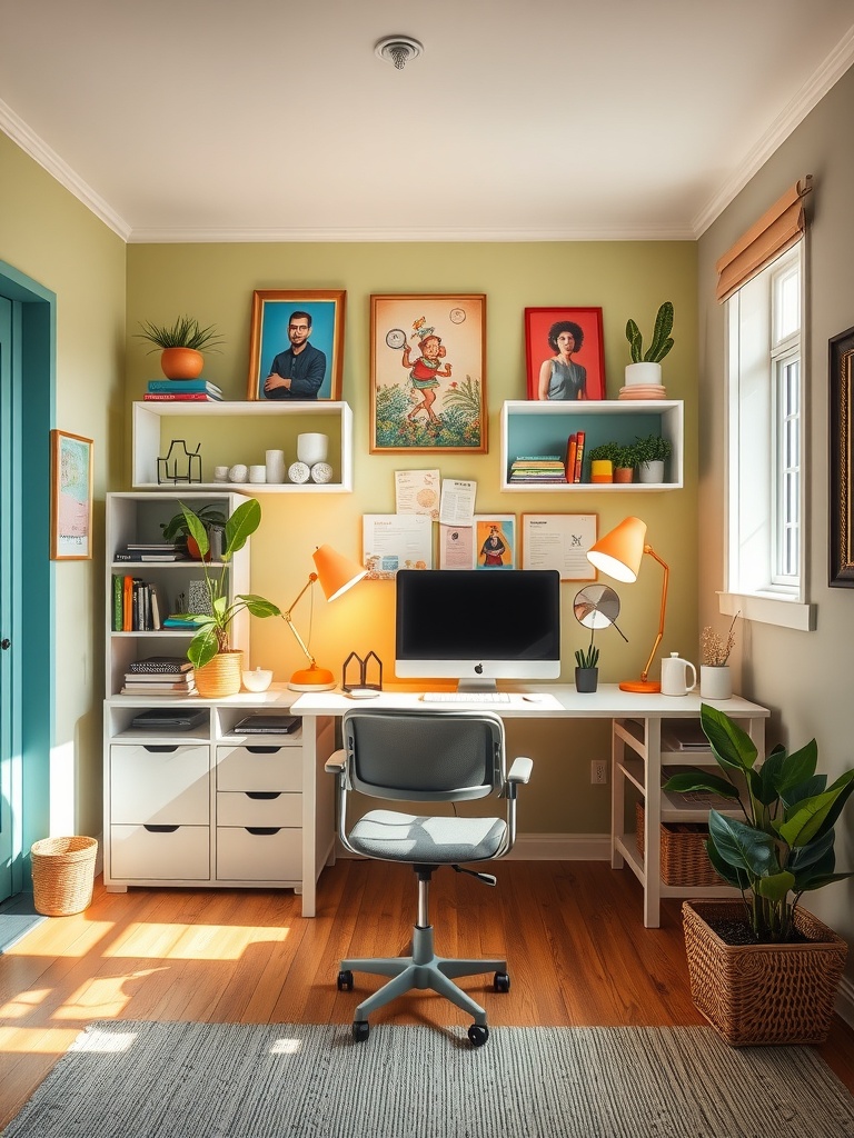 21 Creative DIY Ideas to Transform Your Home Office 5 A bright and inviting home office with green walls, orange lamps, and plants.