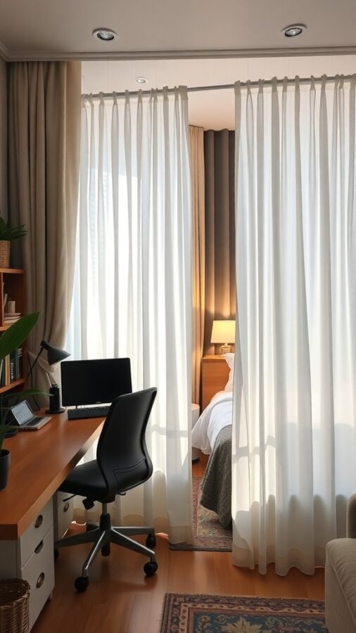 21 Smart Home Office Ideas That Also Make Cozy Guest Rooms 15 A home office with a desk and computer, separated from a guest bed by sheer curtains.