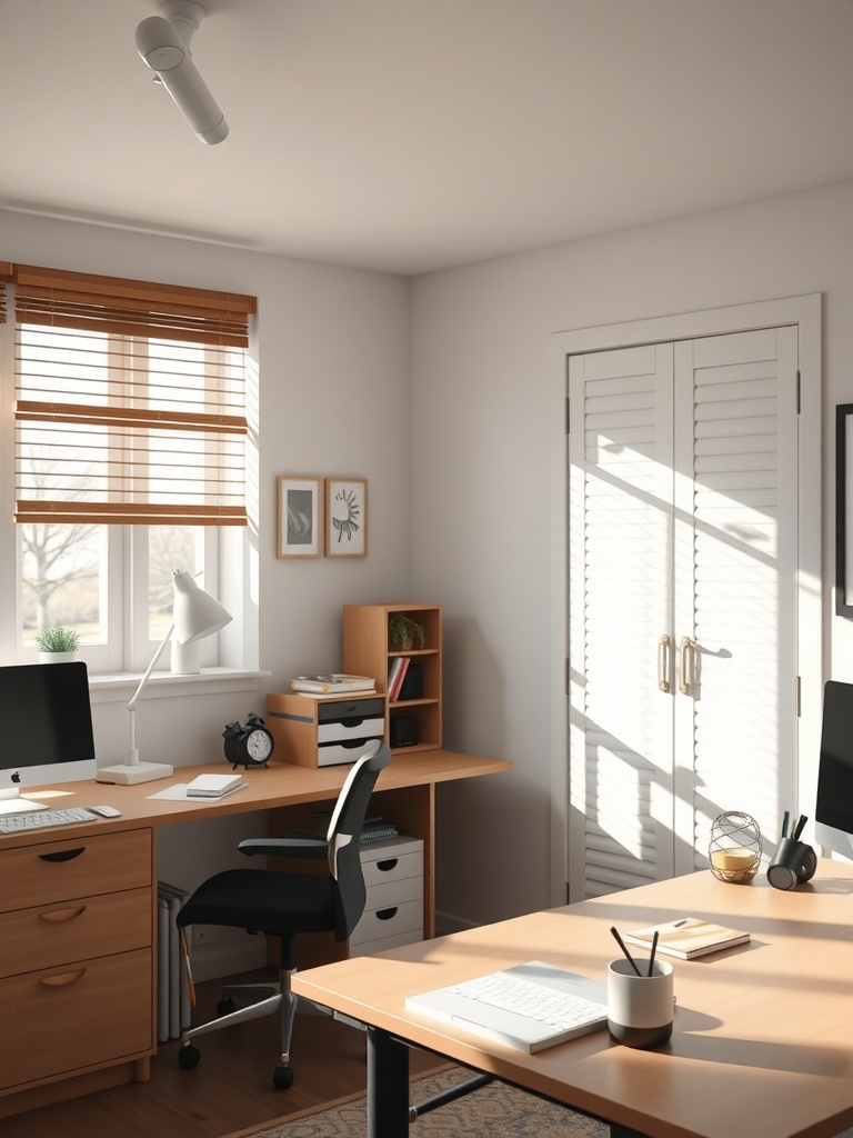 21 Creative DIY Ideas to Transform Your Home Office 13 A bright and organized home office with natural light, showcasing two desks, a desk lamp, and decorative elements.