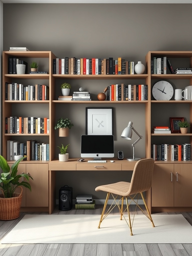 20 Creative and Affordable Home Office Ideas for Any Budget 16 A stylish home office featuring open shelving with books, plants, and a computer desk.