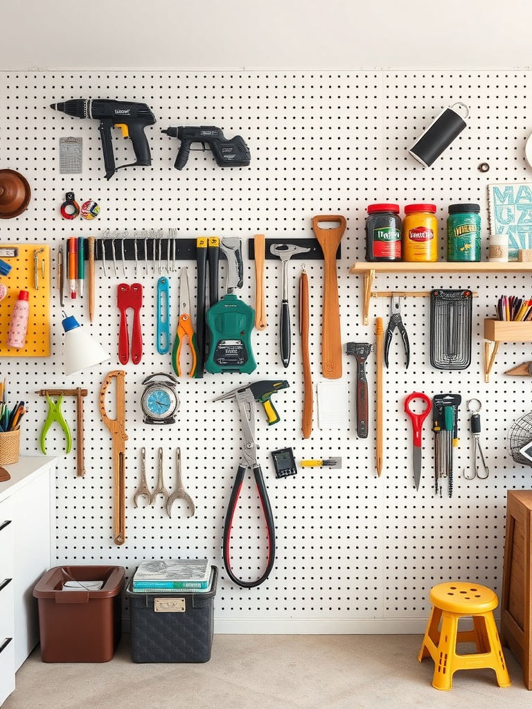 21 Creative DIY Ideas to Transform Your Home Office 20 A well-organized pegboard displaying various tools and office supplies.