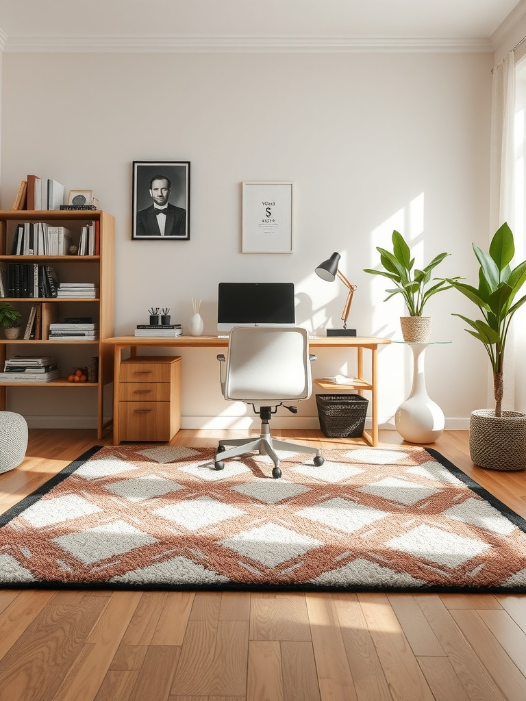 20 Creative and Affordable Home Office Ideas for Any Budget 21 A cozy home office featuring a stylish geometric rug, wooden desk, and plants.