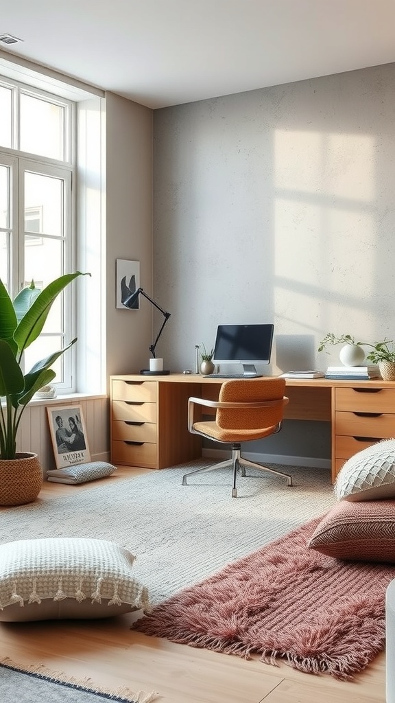 21 Creative Home Office Ideas to Boost Your Productivity 14 A cozy home office with a wooden desk, an orange chair, a plush rug, and decorative cushions.