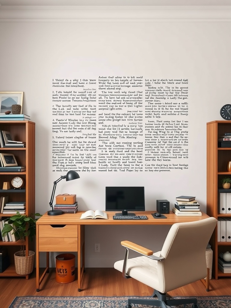 25 Smart Storage Solutions for a Stylish Home Office 27 A home office with wall art that serves as storage, featuring a desk, chair, and shelves.