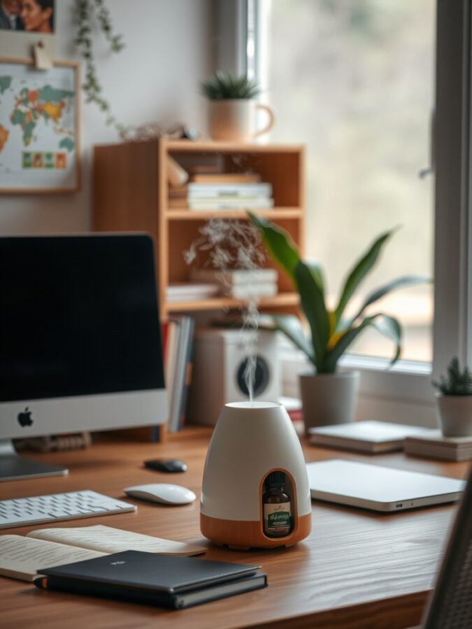 16 Inspiring Home Office Ideas for Enhanced Focus and Productivity 14 A home office desk featuring a diffuser emitting steam, with a laptop, notebooks, and a plant in the background.