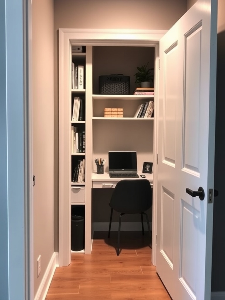 25 Smart Storage Solutions for a Stylish Home Office 14 A small home office setup inside a closet with shelves, a desk, and a chair.