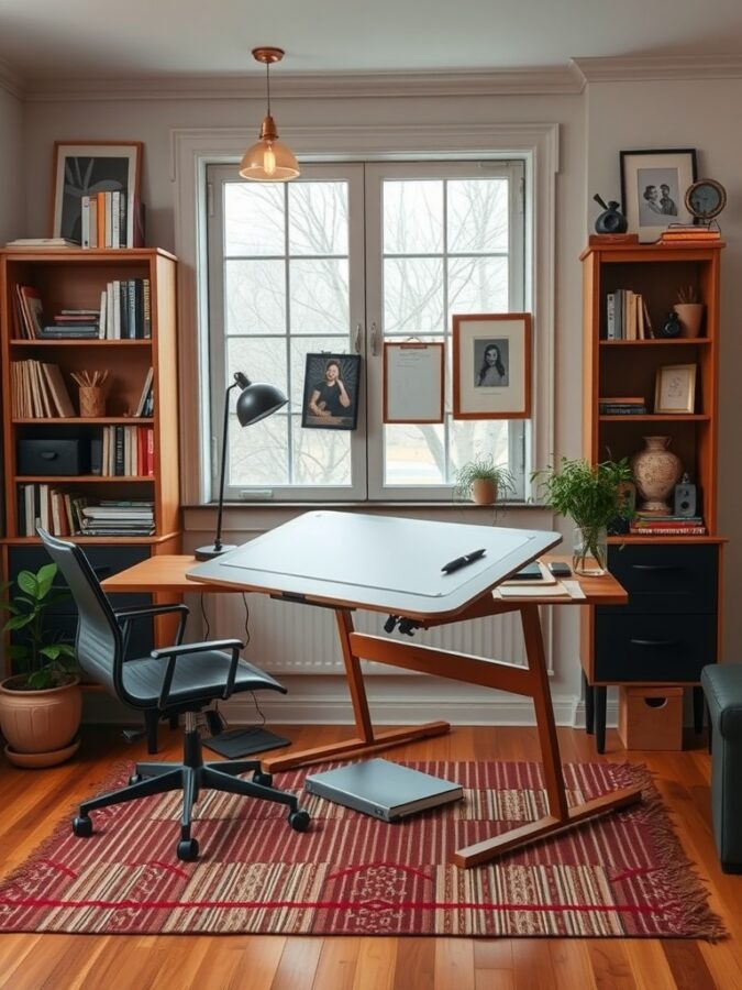 21 Inspiring Home Office Ideas for Creative Minds 10 A cozy home office featuring a multi-functional desk, comfortable chair, and organized bookshelf.