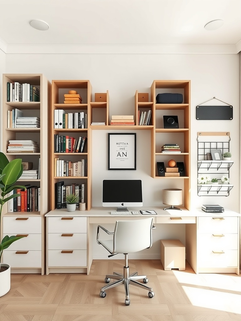 20 Creative and Affordable Home Office Ideas for Any Budget 11 A modern home office with vertical shelves filled with books and decorative items, a desk with a computer, and a plant.