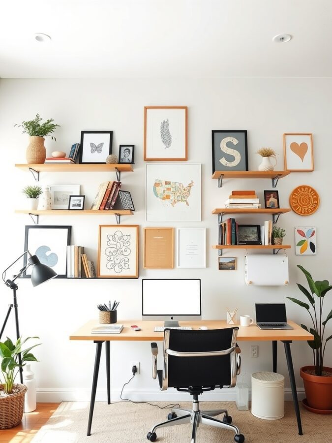 21 Inspiring Home Office Ideas for Creative Minds 21 A modern home office featuring vertical shelves with art, books, and plants, alongside a clean desk setup.