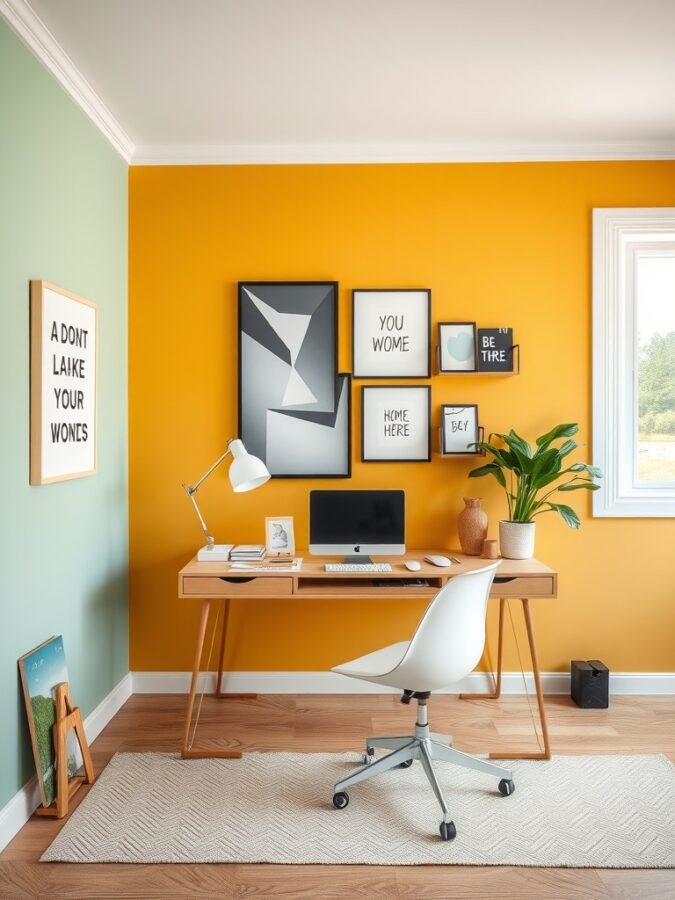 16 Vibrant Home Office Ideas to Brighten Your Workspace 10 A home office featuring a vibrant orange accent wall, a green side wall, modern desk, and decorative elements.