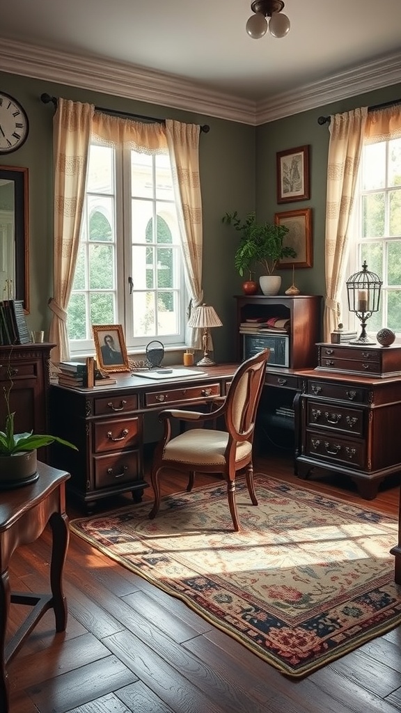 15 Inspiring Home Office Ideas to Match Every Personality 9 A vintage-inspired study with wooden furniture, a desk, a chair, and warm lighting.
