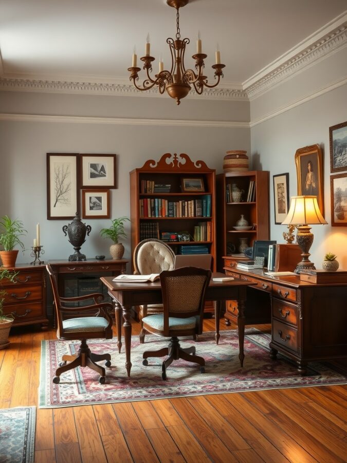 15 Inspiring Home Office Ideas for a Productive Workspace 7 A vintage home office with wooden furniture, a chandelier, and decorative items.