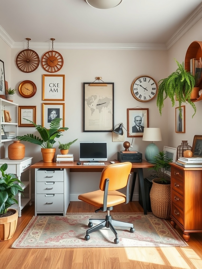 30 Inspiring Home Office Ideas for Remote Work Success 33 A vintage-inspired home office with wooden furniture, framed pictures, and plants.