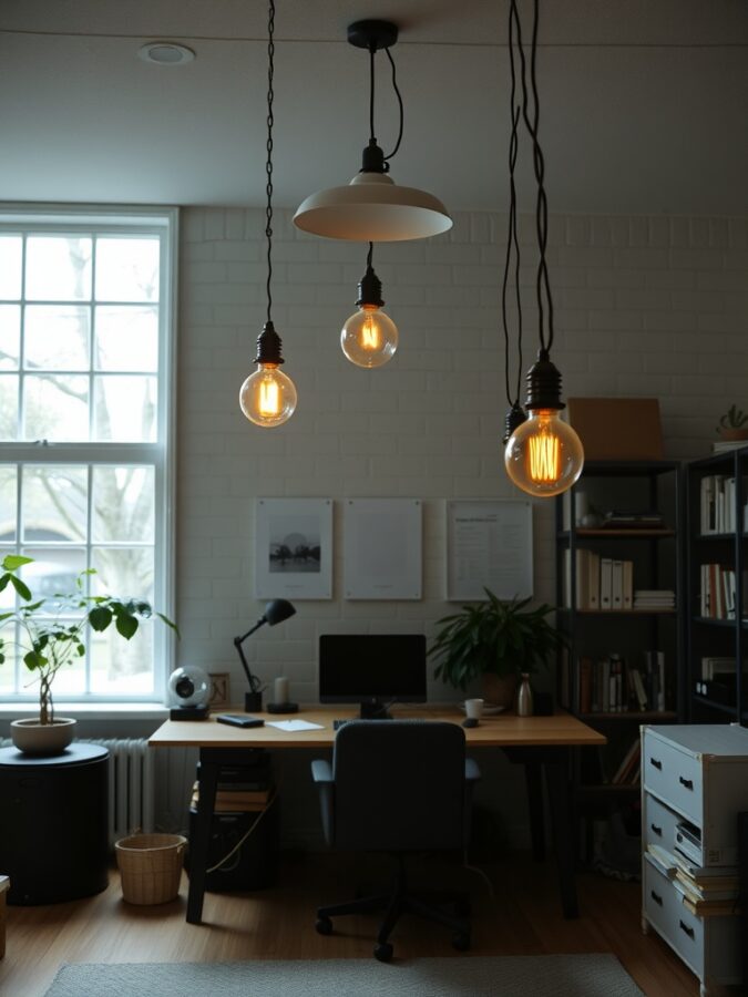 19 Inspiring Home Office Ideas with Industrial Flair 4 A home office featuring vintage factory lighting fixtures with three hanging bulbs, a desk, and plants.
