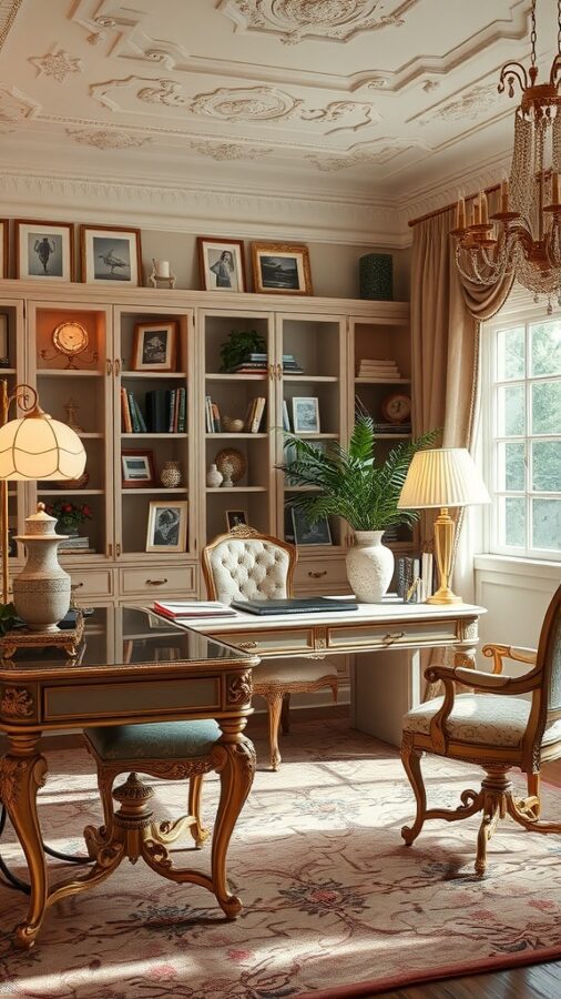 25 Stylish Home Office Ideas to Reflect Your Personality 9 A vintage glam office decor featuring a luxurious desk, elegant chairs, and ornate bookshelves with framed pictures and plants.