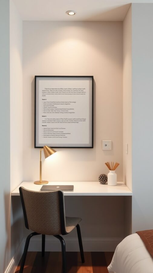 21 Smart Home Office Ideas That Also Make Cozy Guest Rooms 5 A minimalist wall-mounted desk with a chair, lamp, and wall art in a cozy home office setup.