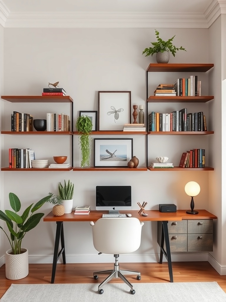 25 Smart Storage Solutions for a Stylish Home Office 11 A modern home office featuring wall-mounted shelves filled with books and decorative items, alongside a sleek desk and chair.